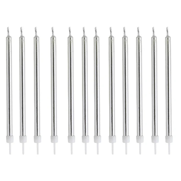 Silver Skinny Candles & Holders 12 Pack