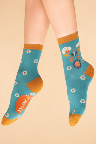 Art Deco Floral Ankle Socks - Aqua